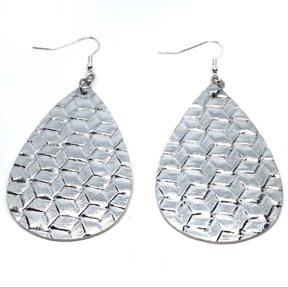 Silver Teardrop Dangle Drop Vegan Leather Earrings